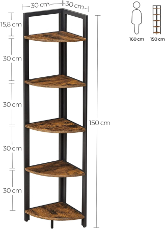 VASAGLE Biblioteca de colt cu 5 etaje, cadru metalic, 150x30x30cm, stil industrial maro rustic si negru [4]