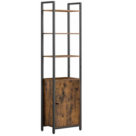 Living & hol - Biblioteca inalta cu 6 rafturi si dulap, cadru metalic, rafturi reglabile, stil vintage, 40x24x160 cm, maro rustic