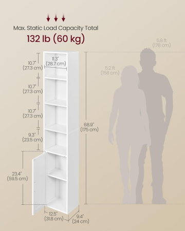Biblioteca ingusta cu 6 niveluri si dulap inchis, rafturi reglabile, 24x32x175 cm, alb [2]