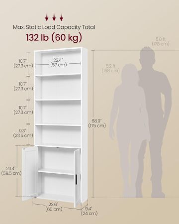 Biblioteca ingusta cu 6 niveluri si dulap, raft pentru carti si decoratiuni, PAL si MDF, 60x24x175 cm, alb [3]