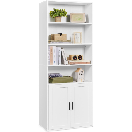 Biblioteca ingusta cu 6 niveluri si dulap, raft pentru carti si decoratiuni, PAL si MDF, 60x24x175 cm, alb [7]