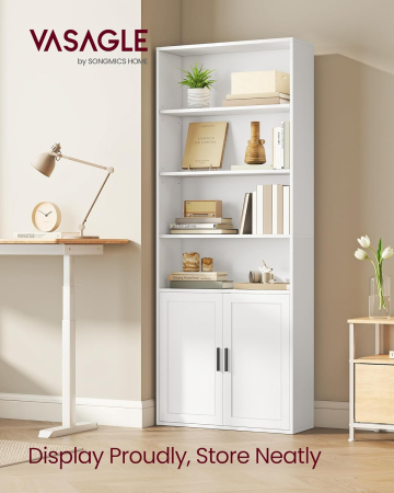 Biblioteca ingusta cu 6 niveluri si dulap, raft pentru carti si decoratiuni, PAL si MDF, 60x24x175 cm, alb [6]