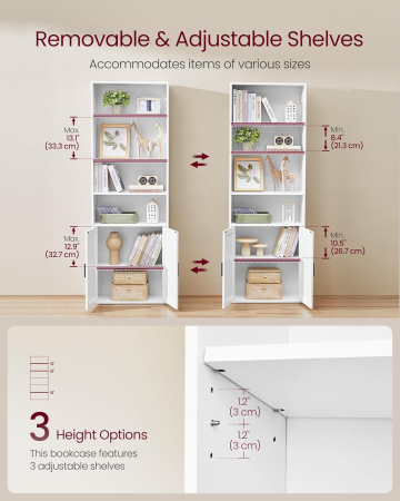 Biblioteca ingusta cu 6 niveluri si dulap, raft pentru carti si decoratiuni, PAL si MDF, 60x24x175 cm, alb [5]