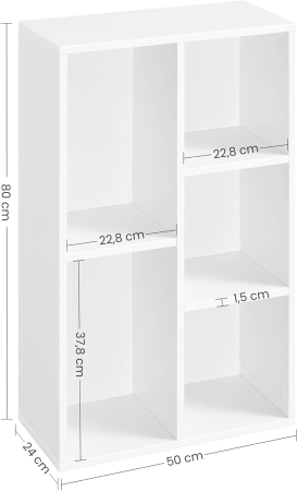 VASAGLE Biblioteca, raft cu 5 unitati de depozitare, pentru living, din lemn, 50x24x80cm, alb [2]
