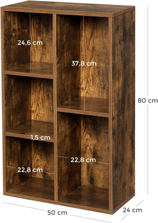 Biblioteca, raft cu 5 unitati de depozitare, pentru living, din lemn, 50x24x80cm, maro rustic [3]