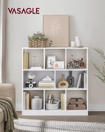 Biblioteca, raft cu 8 unitati de depozitare, pentru living, din lemn, 30x98x100cm, alb [1]