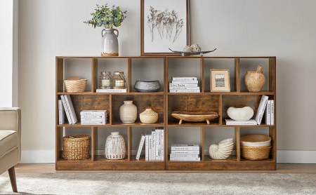 Biblioteca, raft cu 8 unitati de depozitare, pentru living, din lemn, 97x30x100cm, maro rustic [9]