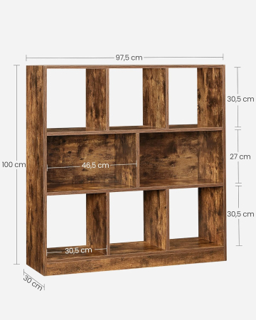 Biblioteca, raft cu 8 unitati de depozitare, pentru living, din lemn, 97x30x100cm, maro rustic [2]