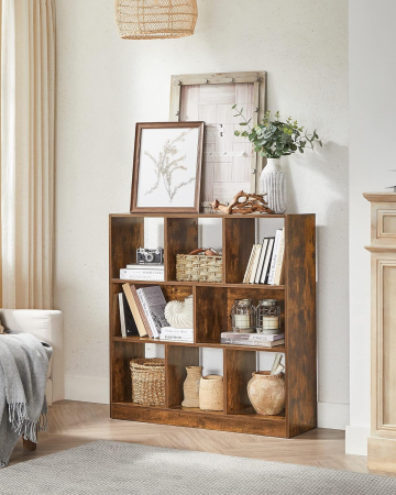 Biblioteca, raft cu 8 unitati de depozitare, pentru living, din lemn, 97x30x100cm, maro rustic [3]