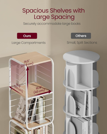 VASAGLE Biblioteca rotativa 360 grade, cadru metalic, cu 5 polite MDF, 43x43x158cm, alb [7]