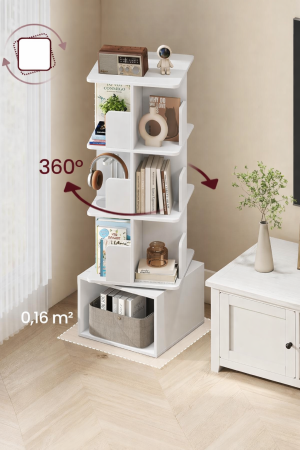 Biblioteca rotativa, MDF, cu 4 niveluri si compartimente deschise, montaj pe podea, 40x40x125 cm, alb [4]