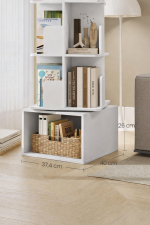 Biblioteca rotativa, MDF, cu 4 niveluri si compartimente deschise, montaj pe podea, 40x40x125 cm, alb [3]