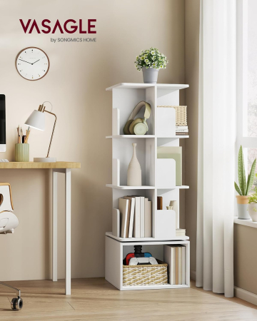 Biblioteca rotativa, MDF, cu 4 niveluri si compartimente deschise, montaj pe podea, 40x40x125 cm, alb [2]