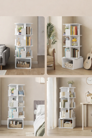 Biblioteca rotativa, MDF, cu 4 niveluri si compartimente deschise, montaj pe podea, 40x40x125 cm, alb [5]