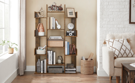 Biblioteca stil arbore, cu 13 rafturi de depozitare, colturi rotunjite, 86x25x140cm, maro rustic [9]