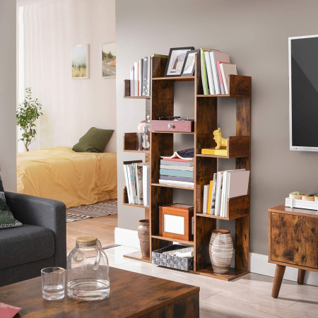 Biblioteca stil arbore, cu 13 rafturi de depozitare, colturi rotunjite, 86x25x140cm, maro rustic [1]