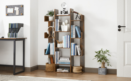 Biblioteca stil arbore, cu 13 rafturi de depozitare, colturi rotunjite, 86x25x140cm, maro rustic [10]