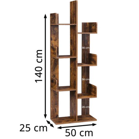 Biblioteca stil arbore, cu 8 rafturi de depozitare, colturi rotunjite, 50x25x140 cm, maro rustic [1]