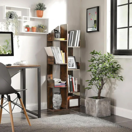 Biblioteca stil arbore, cu 8 rafturi de depozitare, colturi rotunjite, 50x25x140 cm, maro rustic [7]