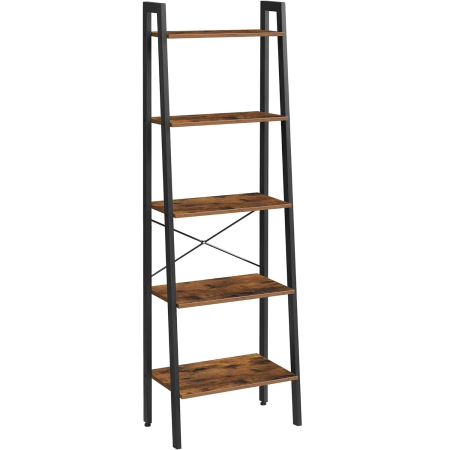 Living & hol - Biblioteca tip scara, cadru otel cu 5 polite din MDF, stil industrial, 56x34x172cm, maro rustic si negru