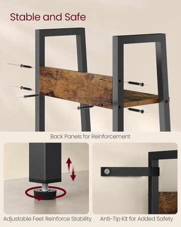 Biblioteca tip scara cu 5 rafturi, design industrial, cadru metalic si rafturi din PAL, 34x30x170 cm, maro rustic [4]