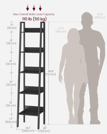 Biblioteca tip scara cu 5 rafturi, design industrial, cadru metalic si rafturi din PAL, 34x30x170 cm, negru [2]