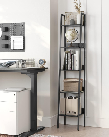 Biblioteca tip scara cu 5 rafturi, design industrial, cadru metalic si rafturi din PAL, 34x30x170 cm, negru [5]