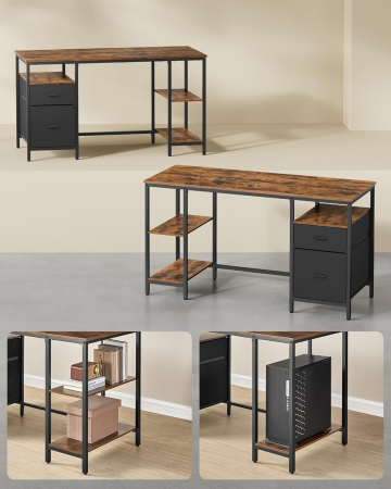 Birou calculator cu 3 rafturi si 2 sertare, cadru metalic, stil industrial, 140x60x76 cm, maro rustic [2]