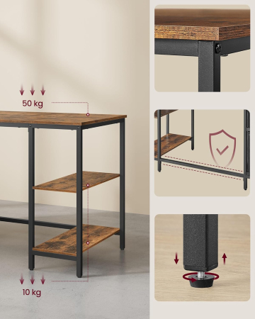 Birou calculator cu 3 rafturi si 2 sertare, cadru metalic, stil industrial, 140x60x76 cm, maro rustic [3]