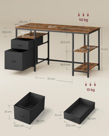 Birou calculator cu 3 rafturi si 2 sertare, cadru metalic, stil industrial, 140x60x76 cm, maro rustic [1]