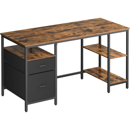 Mobila birou - Birou calculator cu 3 rafturi si 2 sertare, cadru metalic, stil industrial, 140x60x76 cm, maro rustic