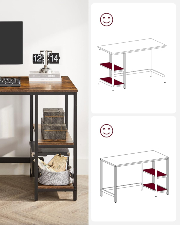 VASAGLE Birou cu 2 rafturi pe stanga sau dreapta, cadru din otel, 60x120x75cm, industrial, maro rustic si negru [3]