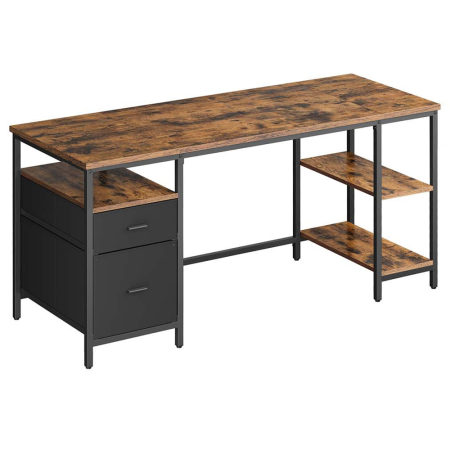 Birouri - Birou cu 3 rafturi si 2 sertare, cadru metalic si PAL, montaj reversibil, 160x60x76 cm, maro rustic