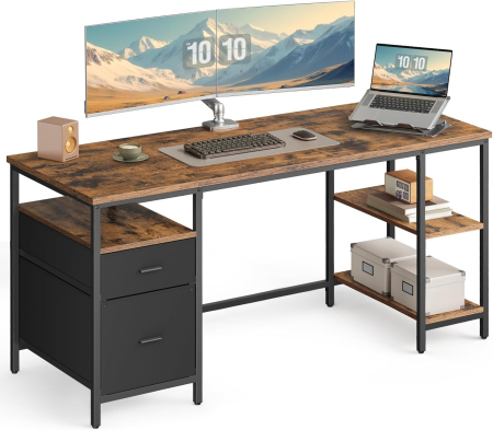 Birou cu 3 rafturi si 2 sertare, cadru metalic si PAL, montaj reversibil, 160x60x76 cm, maro rustic [6]