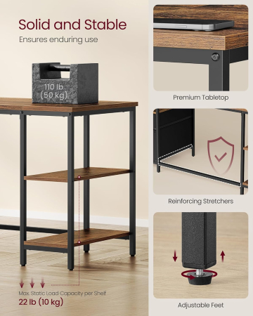 Birou cu 3 rafturi si 2 sertare, cadru metalic si PAL, montaj reversibil, 160x60x76 cm, maro rustic [3]