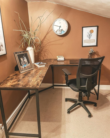 Birou de colt in forma de L, cadru din otel, 149x149x75cm, industrial, maro rustic si negru [7]