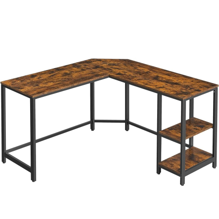 Dormitor & birou - Birou de colt in forma de L, cu 2 rafturi de depozitare, 130x130x76 cm, industrial, maro rustic