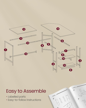 Birou de colt in forma de L, cu 2 rafturi de depozitare, 130x130x76 cm, industrial, maro rustic [2]