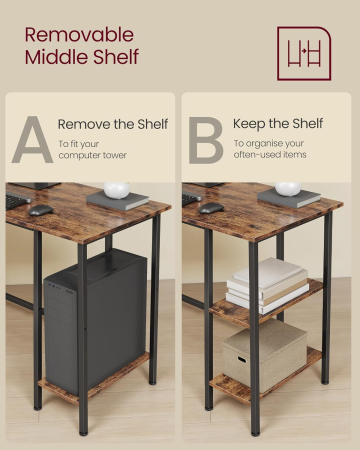 Birou de colt in forma de L, cu 2 rafturi de depozitare, 130x130x76 cm, industrial, maro rustic [3]