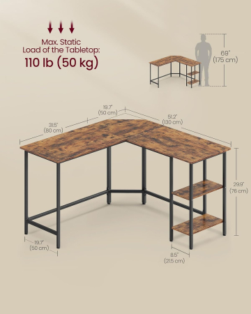 Birou de colt in forma de L, cu 2 rafturi de depozitare, 130x130x76 cm, industrial, maro rustic [7]