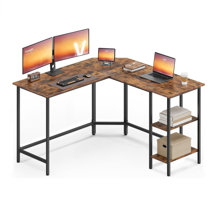 Birou de colt in forma de L, cu 2 rafturi de depozitare, 130x130x76 cm, industrial, maro rustic [1]