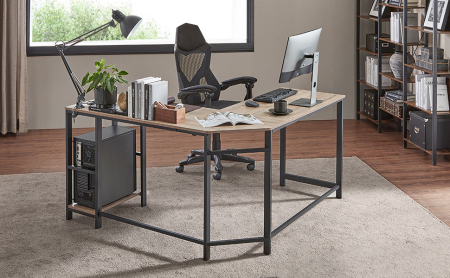 VASAGLE Birou de colt in forma de L, cu 2 rafturi de depozitare, 138x138x75cm, industrial, gri si negru [9]