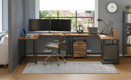 VASAGLE Birou de colt in forma de L, cu 2 rafturi de depozitare, 138x138x75cm, industrial, maro rustic si negru [9]