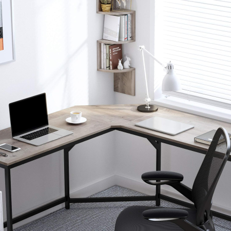 Birou de colt in forma L, cadru metalic, stil industrial, 149x149x76 cm, gri stejar [6]