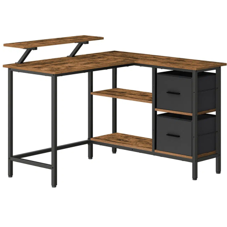 Mobila birou - Birou de colt in forma L, cu 2 sertare si suport monitor, montare pe ambele parti, stil industrial, 115x105 cm, maro rustic