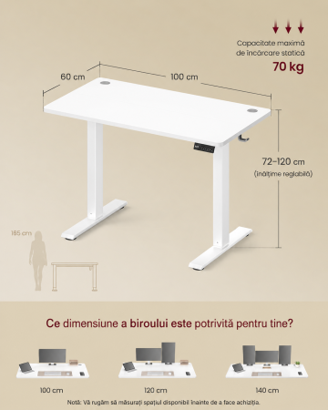 Birou electric reglabil pe inaltime, cadru metalic, functie memorie 4 pozitii, 100x60x(72-120) cm, alb [2]