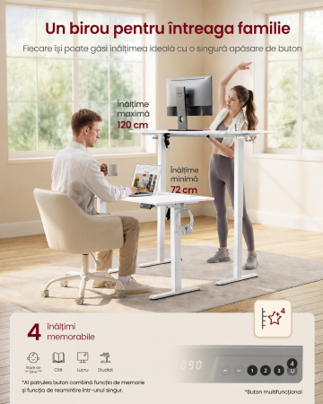 Birou electric reglabil pe inaltime, cadru metalic, functie memorie 4 pozitii, 100x60x(72-120) cm, alb [5]