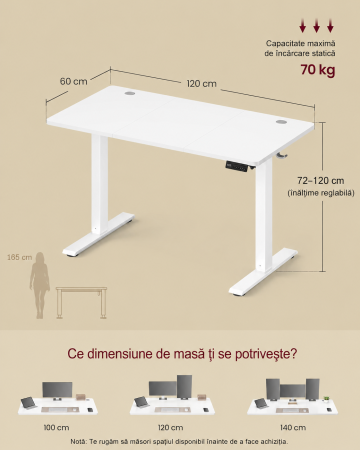 Birou electric reglabil pe inaltime, cadru metalic, functie memorie 4 pozitii, 120x60x(72-120) cm, alb [2]