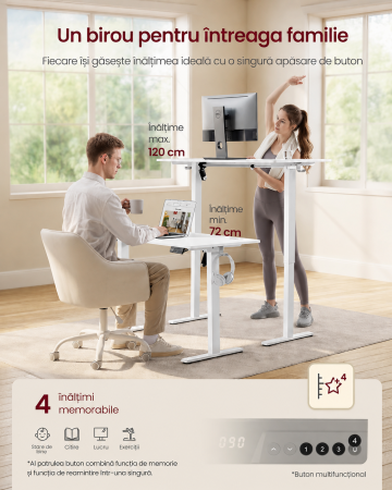 Birou electric reglabil pe inaltime, cadru metalic, functie memorie 4 pozitii, 120x60x(72-120) cm, alb [5]