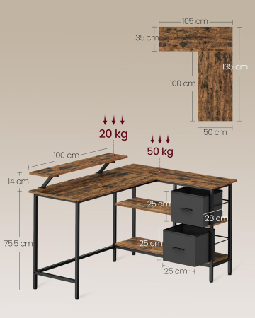 VASAGLE Birou in forma de L, suport monitor, 2 rafturi si 2 sertare, 105x135x76 cm, maro rustic [5]